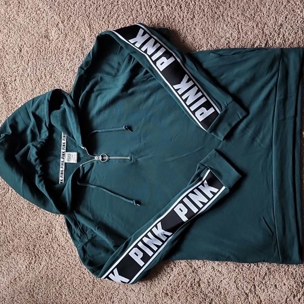 Vs pink Forest green pullover hoodie logo strip